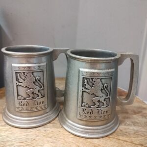 Vtg RWP Red Lion Pub Mugs Pair Cast Metal Tankards Heraldic Lion Crest Bar UK